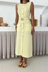 Sarı Midi Düğmeli Önü Kemerli Elbise