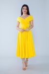 Sarı Midi Kayık Yaka Kloş Dokuma Dökümlü Kumaş Abiye Elbise