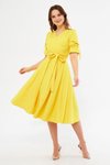 Sarı Midi Kruvaze Yaka Büzgülü Kısa Kol Kolları Lastikli Kuşaklı Abiye Elbise