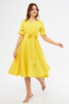 Sarı Midi Kruvaze Yaka Büzgülü Kısa Kol Kolları Lastikli Kuşaklı Abiye Elbise