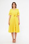 Sarı Midi Kruvaze Yaka Büzgülü Kısa Kol Kolları Lastikli Kuşaklı Abiye Elbise