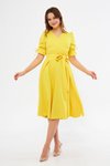 Sarı Midi Kruvaze Yaka Büzgülü Kısa Kol Kolları Lastikli Kuşaklı Abiye Elbise