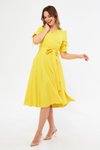 Sarı Midi Kruvaze Yaka Büzgülü Kısa Kol Kolları Lastikli Kuşaklı Abiye Elbise
