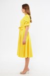 Sarı Midi Kruvaze Yaka Büzgülü Kısa Kol Kolları Lastikli Kuşaklı Abiye Elbise