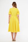 Sarı Midi Kruvaze Yaka Büzgülü Kısa Kol Kolları Lastikli Kuşaklı Abiye Elbise