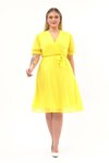 Yellow Midi Double-Breasted Neck Belted Plus Size Chiffon Dress