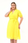 Sarı Midi Kruvaze Yaka Kuşaklı Büyük Beden Şifon Elbise