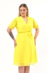 Sarı Midi Kruvaze Yaka Kuşaklı Büyük Beden Şifon Elbise