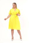 Sarı Midi Kruvaze Yaka Kuşaklı Büyük Beden Şifon Elbise