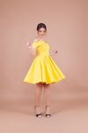 Sarı Mini Askılı Düşük Omuz Detay Pileli Abiye Elbise