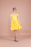 Sarı Mini Askılı Düşük Omuz Detay Pileli Abiye Elbise