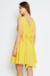 Sarı Mini Askılı Sırtı Fiyonklu Süs Düğmeli V Yaka Pileli Kloş Abiye Elbise