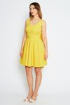 Sarı Mini Askılı Sırtı Fiyonklu Süs Düğmeli V Yaka Pileli Kloş Abiye Elbise