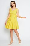 Sarı Mini Askılı Sırtı Fiyonklu Süs Düğmeli V Yaka Pileli Kloş Abiye Elbise