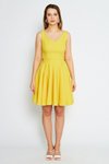 Sarı Mini Askılı Sırtı Fiyonklu Süs Düğmeli V Yaka Pileli Kloş Abiye Elbise