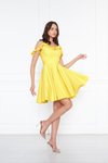 Sarı Mini Ayarlanabilir Askılı Yaka Fırfır Detay Dokuma Kumaş Pileli Kloş Abiye Elbise