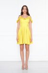 Sarı Mini Ayarlanabilir Askılı Yaka Fırfır Detay Dokuma Kumaş Pileli Kloş Abiye Elbise