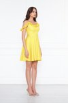 Sarı Mini Ayarlanabilir Askılı Yaka Fırfır Detay Dokuma Kumaş Pileli Kloş Abiye Elbise