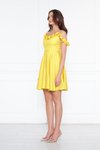 Sarı Mini Ayarlanabilir Askılı Yaka Fırfır Detay Dokuma Kumaş Pileli Kloş Abiye Elbise
