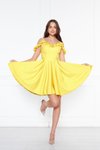 Sarı Mini Ayarlanabilir Askılı Yaka Fırfır Detay Dokuma Kumaş Pileli Kloş Abiye Elbise