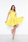Sarı Mini Ayarlanabilir Askılı Yaka Fırfır Detay Dokuma Kumaş Pileli Kloş Abiye Elbise