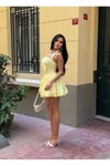 Sarı Mini Boyundan Bağlamalı Kare Yaka Balon Astarlı Elbise