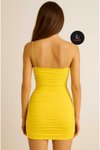 Sarı Mini Drapeli Büzgülü Askılı Astarlı Elbise