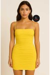 Sarı Mini Drapeli Büzgülü Askılı Astarlı Elbise
