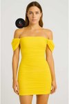 Sarı Mini Drapeli Büzgülü Kollu Astarlı Fermuarlı Abiye Elbise