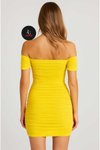 Sarı Mini Drapeli Büzgülü Kollu Astarlı Fermuarlı Abiye Elbise