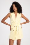 Sarı Mini Düğmeli Blazer Kuşaklı Elbise