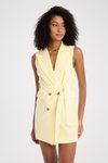 Sarı Mini Düğmeli Blazer Kuşaklı Elbise