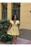 Sarı Mini Pile Etekli Puff Kol Elbise