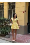 Sarı Mini Pile Etekli Puff Kol Elbise