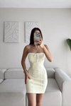 Sarı Mini Straplez Bağcıklı Biyeli Elbise