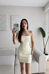 Sarı Mini Straplez Bağcıklı Biyeli Elbise
