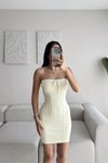 Sarı Mini Straplez Bağcıklı Biyeli Elbise