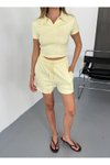Sarı Modal Kumaş V Yaka Tshirt Şort İkili Takım