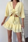 Sarı Önden Bağlamalı Keten Şortlu Etek İkili Takım
