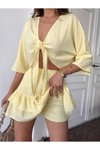 Sarı Önden Bağlamalı Keten Şortlu Etek İkili Takım