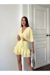 Sarı Önden Bağlamalı Keten Şortlu Etek İkili Takım