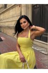 Sarı Uzun Askılı Kare Yaka Kloş Elbise