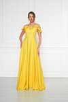 Sarı Uzun Ayarlanabilir Askılı Fırfır Detay Dokuma Kumaş Kloş Abiye Elbise