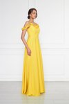 Sarı Uzun Ayarlanabilir Askılı Fırfır Detay Dokuma Kumaş Kloş Abiye Elbise