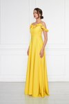 Sarı Uzun Ayarlanabilir Askılı Fırfır Detay Dokuma Kumaş Kloş Abiye Elbise
