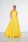 Sarı Uzun Ayarlanabilir Askılı Fırfır Detay Dokuma Kumaş Kloş Abiye Elbise