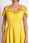 Sarı Uzun Ayarlanabilir Askılı Fırfır Detay Dokuma Kumaş Kloş Abiye Elbise