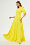 Sarı Uzun Balon Kol V Yaka Korsaj Kemer Detay Süs Düğmeli Göğüs Pileli Dokuma Dökümlü Kumaş Abiye Elbise