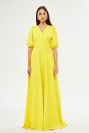 Sarı Uzun Balon Kol V Yaka Korsaj Kemer Detay Süs Düğmeli Göğüs Pileli Dokuma Dökümlü Kumaş Abiye Elbise