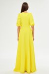 Sarı Uzun Balon Kol V Yaka Korsaj Kemer Detay Süs Düğmeli Göğüs Pileli Dokuma Dökümlü Kumaş Abiye Elbise